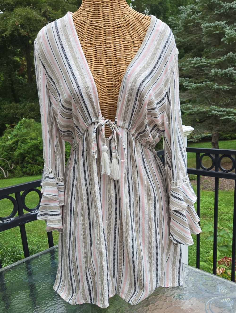 Striped V-Neck Drawstring Women’s Coverup in Blush and Ivory